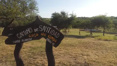 a sign on a pole in a field at Camino de Santidad in Piedras Blancas