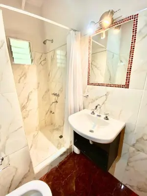 a white bathroom with a sink and a shower at La Ribera Aparts in Santa Rosa de Calamuchita