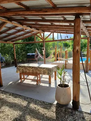 a patio with a table and a potted plant at Cabañas Mairu in Potrero de Garay