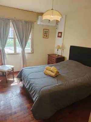 a bedroom with a large bed and a window at Departamento 2 dorm frente patio olmos in Cordoba