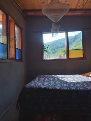 a bedroom with a bed and two windows at Pie de Sierra in Los Hornillos
