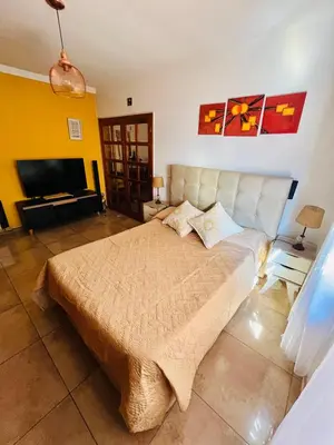 a bedroom with a bed and a flat screen tv at Dpto a pasos de la peatonal in Villa Carlos Paz