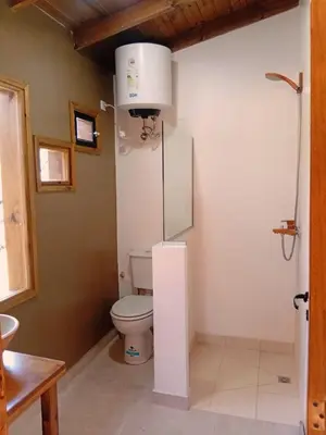 a bathroom with a toilet and a shower in it at Suspiro Serrano in Villa General Belgrano