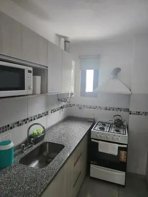 a kitchen with a stove and a sink and a microwave at Traslasierra Champaquí Deptos in Villa Dolores