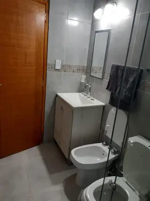 a bathroom with a sink and a toilet and a mirror at Traslasierra Champaquí Deptos in Villa Dolores