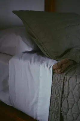 a bed with white sheets and a green pillow at Casa Revol céntrica ideal familias-grupos hasta 12 pax in Cordoba