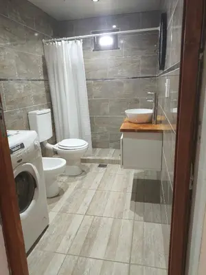 a bathroom with a toilet sink and a washing machine at Las Carolas in Santa María