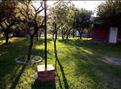 a park with trees and a pole in the grass at Arcoiris de Cortaderas in Cortaderas
