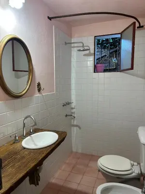 a bathroom with a sink and a toilet and a mirror at Casa Puna in Alta Gracia