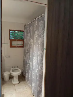 a bathroom with a toilet and a shower curtain at La Julianita in Villa Cura Brochero