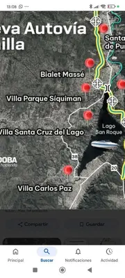 a screenshot of a map with red dots at El burrito cordobés in Villa Santa Cruz del Lago