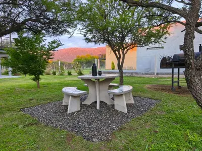 a picnic table and two benches under a tree at Atardeceres del dique in Cortaderas