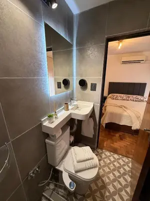 a bathroom with a sink and a toilet and a bed at Horse Petit Apartments in Cordoba
