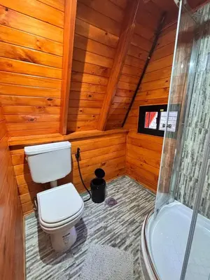 a bathroom with a white toilet and a shower at A Mi Manera Apart in Merlo