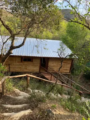 a wooden cabin with a tin roof in a forest at La retama in Alta Gracia