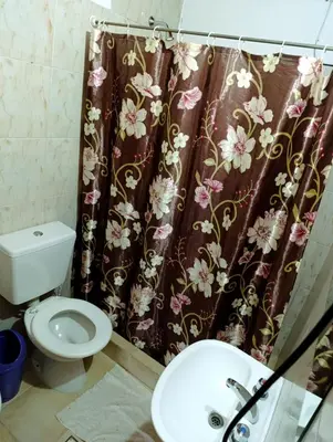 a bathroom with a toilet and a shower curtain at Alojamiento Nory's in Villa Carlos Paz