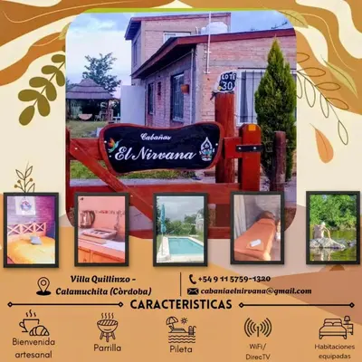 a poster of a house with pictures of a chair at Cabañas El Nirvana Villa Quillinzo in Villa Quillinzo