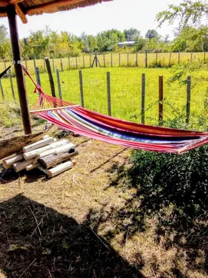 a hammock in a field next to a fence at Cabañas El Nirvana Villa Quillinzo in Villa Quillinzo