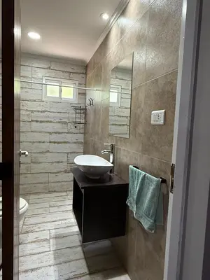 a bathroom with a sink and a mirror at Cabañas Campo y Río in San Lorenzo