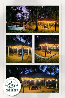 a group of four pictures of a tent with lights at Complejo Ebenezer in San Ignacio