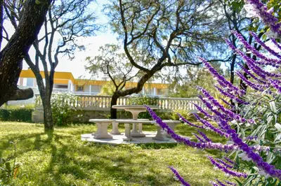 a picnic table in a yard with purple flowers at Complejo Kalinka in Carpintería
