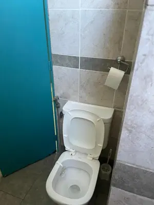 a bathroom with a toilet and a blue door at Habitación Individual con todas las comodidades in Cordoba