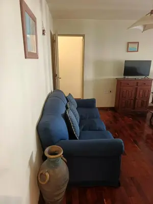 a blue couch in a living room with a vase at Departamento 2 dorm frente patio olmos in Cordoba