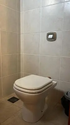 a white toilet in a bathroom with a tile wall at Shakti in Almafuerte