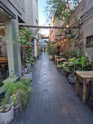 an alley with tables and potted plants in a building at Oasis Urbano - bello departamento amoblado en la mejor zona de Guemes in Cordoba