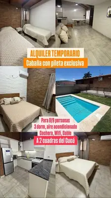 a collage of four pictures of a bed and a pool at Cabaña Becciu in Villa Carlos Paz