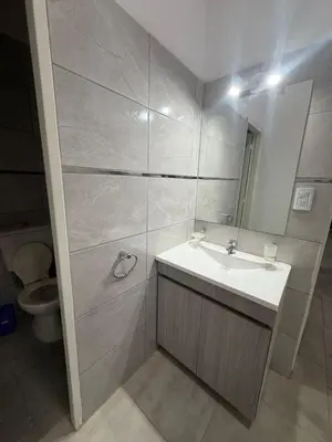 a bathroom with a sink and a mirror and a toilet at Cabaña Becciu in Villa Carlos Paz