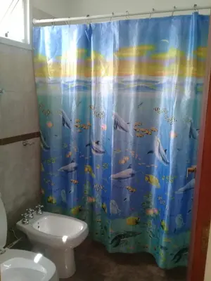a bathroom with a shower curtain with fish on it at Cactus in Villa Carlos Paz