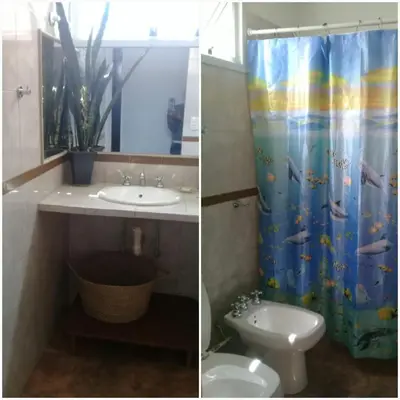 a bathroom with a sink and a toilet and a shower curtain at Cactus in Villa Carlos Paz