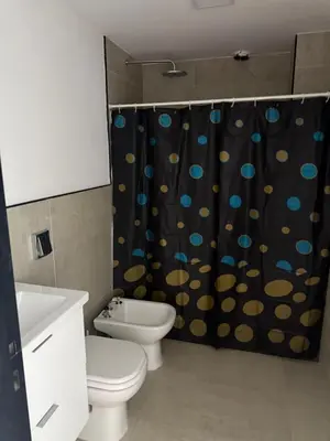 a bathroom with a toilet and a shower curtain at Monoambiente Cañitas in Malagueño
