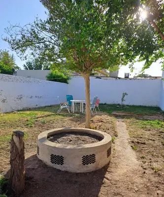 a tree in a concrete planter with a table at Achalay in Bialet Massé