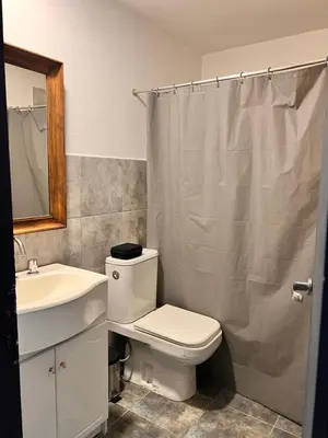 a bathroom with a toilet and a sink and a shower at Cerro Plaza departamento in Cordoba