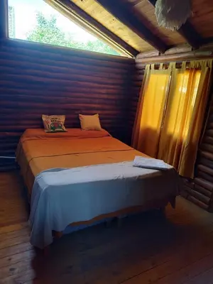 a bed in a wooden room with a window at Cabana Consuelo in San Roque