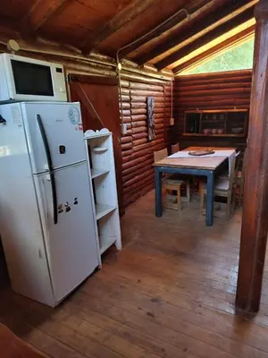 a kitchen with a refrigerator and a table in a cabin at Cabana Consuelo in San Roque