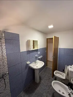 a bathroom with a sink and a toilet and blue tiles at La Gringa in Tanti