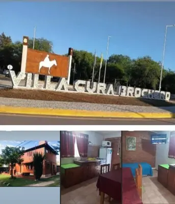 a collage of photos with a sign for a building at Departamentos Mis 5 Soles in Villa Cura Brochero