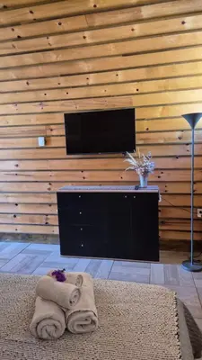 a living room with a television and a towel at La Insolente in Villa Yacanto