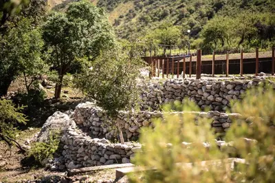 a stone wall with trees and a train in the background at Crepúsculo Serrano in Merlo