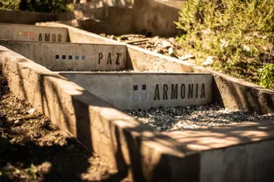 a set of concrete barriers with the words amazonarma written on them at Crepúsculo Serrano in Merlo