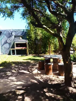 a picnic table under a tree in a park at Caburé in Mina Clavero