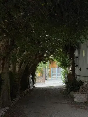 an archway of trees in front of a house at Hostería Champaquí in Los Hornillos