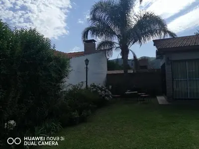 a yard with a palm tree and a house at La Linda in Villa Carlos Paz