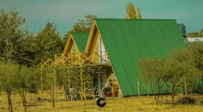 a house with a green roof in a field at Complejo Ayün in Travesía