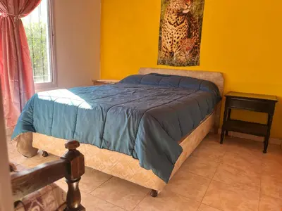 a bedroom with a bed in a yellow wall at Timtaya in Barrio Parque El Corcovado