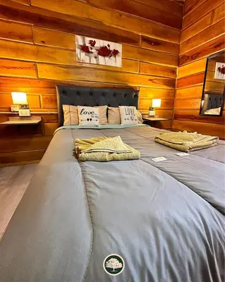 a large bed in a room with wooden walls at Terrazas del Algarrobo in Santa Rosa de Calamuchita