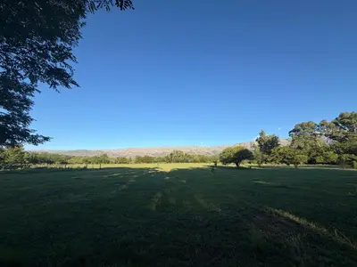 a large green field with trees and mountains in the background at Casita de campo in Las Calles